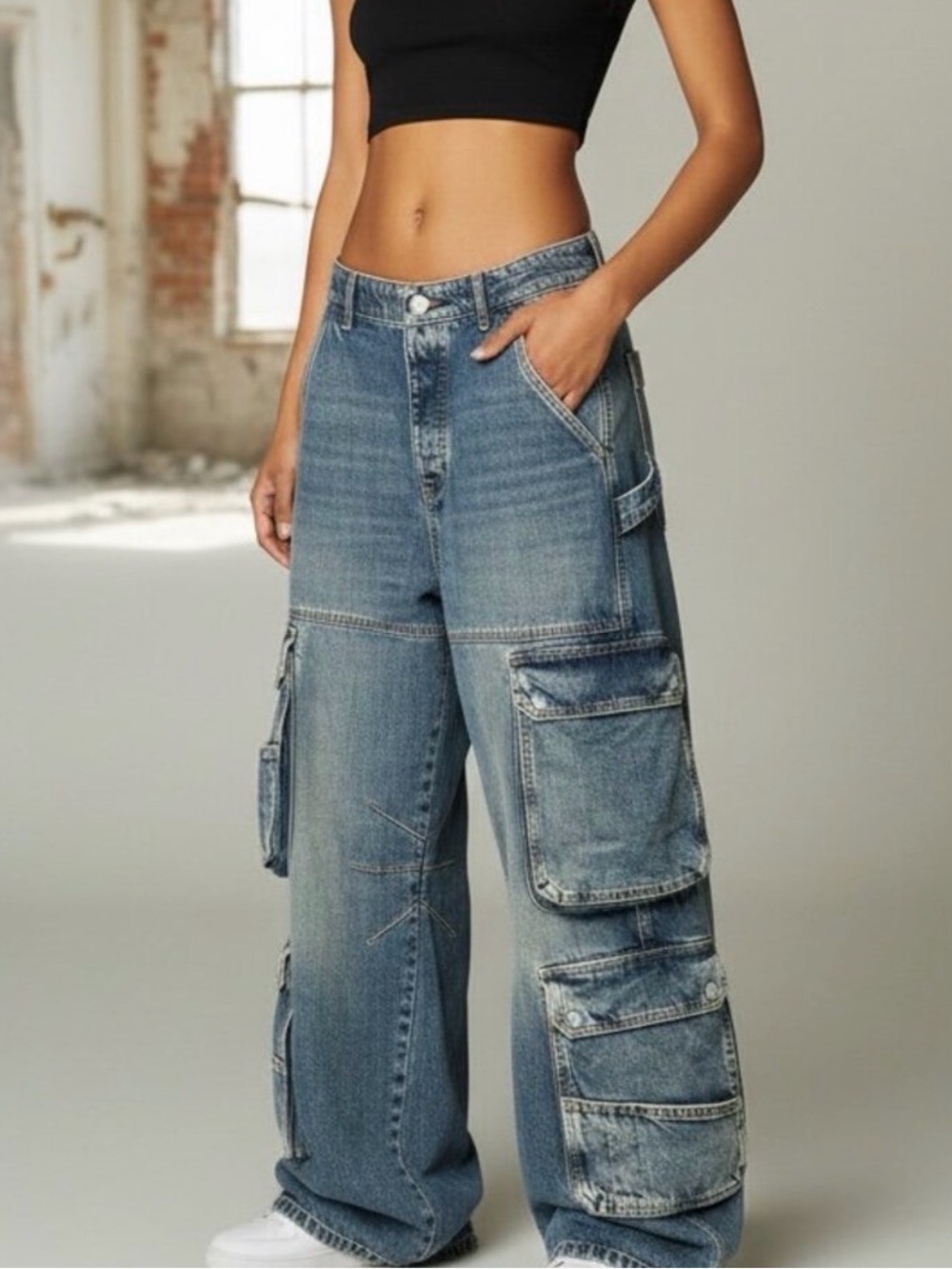 Diesel Blue Wide-Leg Cargo Jeans for Women